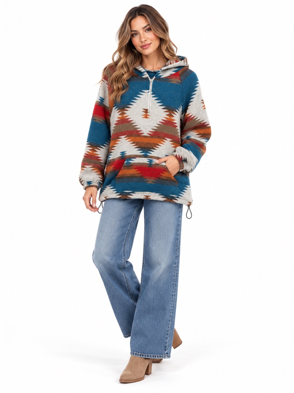 Southwestern Aztec Hoodie Pullover Teal Rust Boho Western Quarter Zip